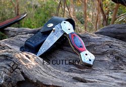 damascus pocket knife, pocket fold knife, damascus steel pocket folding knife with leather sheath, damascus fold knife,