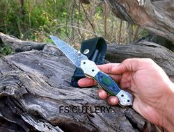 damascus pocket knife, prestigious folding knife, beautiful damascus steel pocket folding knife with leather sheath, dam