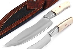 custom handmade d2 steel chef kitchen knife with leather sheath