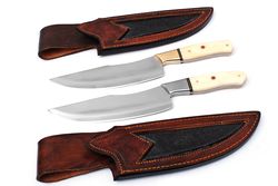 pair of d2 steel custom handmade beautiful chef kitchen knife with leather sheath