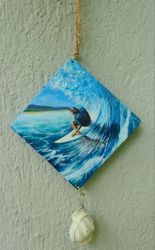 Wall Hanging Wood Decor with Shell Surfer on Wave size 3 on 3 inches