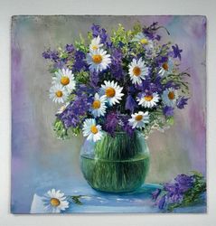 Oil Painting On Hardboard Size 8 on 8 Inches Full Flowers In Glass Vase