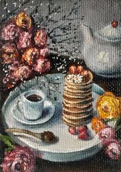 Oil Painting Miniature On Hardboard Still Life With Pancakes Size 4 on 6 Inches