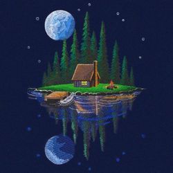 moonlit lakeside cabin scene embroidery design , anime embroidery , machine embroidery design anime slider naruto