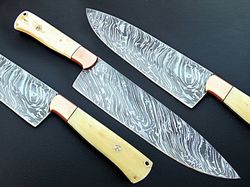 damascus knife custom handmade -13" inches chef kitchen knife camel bone handle