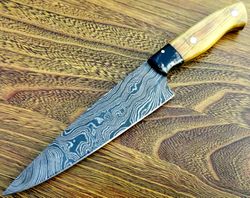 handmade damascus steel 12" inches kitchen chef knife olive wood and buffalo horn