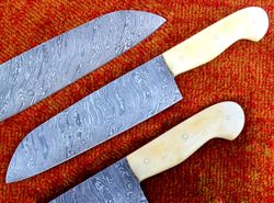 handmade damascus steel kitchen chef knife beautiful natural camel bone handle knife 12.5"