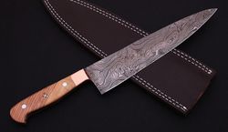 damascus knife custom handmade-12" inches olive wood handle beautiful chef kitchen knife twist pattern