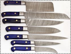 7 pc's high quality hand forged damascus steel chef knives set with purple pakka wood handles