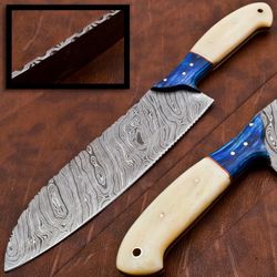 damascus knives custom handmade-12" inches bone & wood handle chef kitchen knife