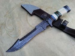 handmade damascus steel hunting knife with leather sheath