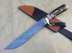 custom handmade damascus steel hunting knife with leather