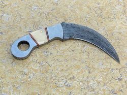 custom handmade damascus steel karambit knife with leather sheath