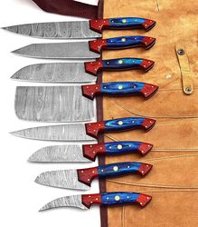 professional kitchen knives custom made damascus steel 8 pcs with leather bag