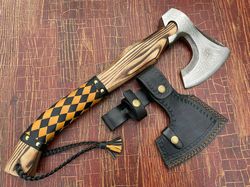 custom handmade high carbon steel forged axe ash wood leather sheath