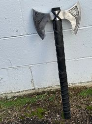 handmade rare art carbon steel blade double edge viking axe with leather sheath