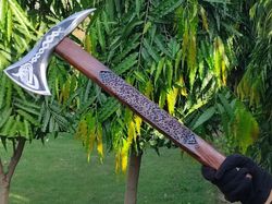 custom handmade rare art carbon steel blade viking throwing axe - carved ashwood handle