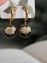 pressed flower huggie drop earrings, dry flower round earrings, gold stainless steel earrings