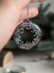 pressed blue flowers necklace, silver stainless steel necklace, big round necklace