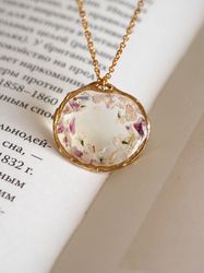 pressed pink flowers necklace, gold stainless steel necklace
