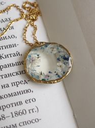 pressed blue flowers necklace, gold stainless steel necklace