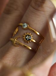 adjustable nature ring, pressed white and blue flowers ring, gold stainless steel ring, sun and moon resizable ring