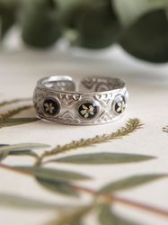 adjustable wide ring, pressed white bedstraw flower resizable ring, silver stainless steel ring