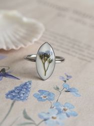 adjustable ring, dried blue forget me not flower resizable ring, silver stainless steel ring