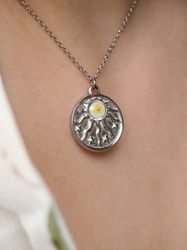 pressed yellow flower necklace, silver stainless steel necklace, round necklace