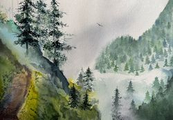 watercolor painting - misty forest in the mountains