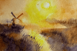 watercolor painting of an earlier morning with fog