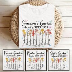 personalized grandma's garden shirt, custom birth month flower shirt for grandmother, mimi nana gigi plant gift