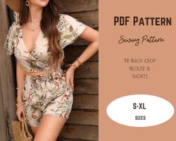 tie front top and short set sewing pattern, butterfly sleeve, pdf, elstic waistband