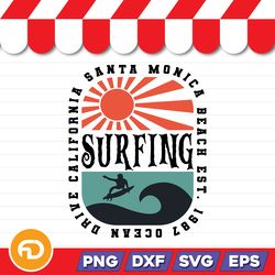 surfing ocean drive california santa monica beach est. 1987 svg, png, eps, dxf digital download