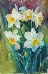 Original oil painting on canvas handmade flowers daffodils