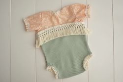 newborn girl beige and green lace romper photo prop in boho style