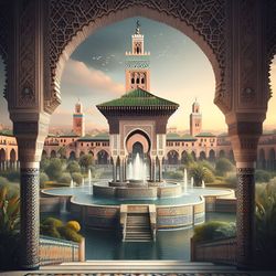 moroccan arab fountain, multi-level fountain geometric, architecture islamic wall art, marrakesh city, digital png