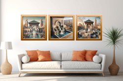 multi-level geometric fountain, moroccan arab fountain, islamic wall art, architecture, marrakech city, digital png