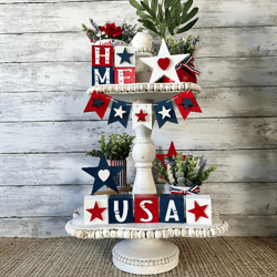 patriotic tiered tray decor, fourth of jury tiered tray, patriotic florals, americana decor home decor
