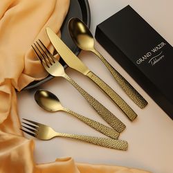 sterling hot-selling hammered cutlery set in gold, gift for him, gift for her, kitchen cutlery table ware