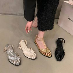 summer chic: new brand women's gold flat sandals / slingback with narrow ankle strap