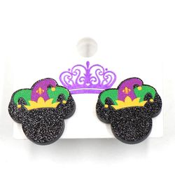 1pair new product cn stud earring mouse with fleur de lis hat mardi gras trendy glitter acrylic jewelry for women