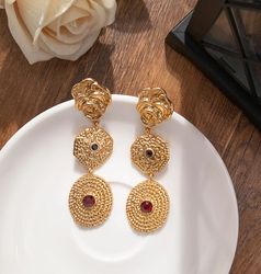 retro long multi layer gold earrings red classic antique style rose gold fashionable bohemian round niche design