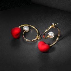 red heart shaped pearl female earrings korean exaggerated temperament trend earrings wedding exquisite earrings w