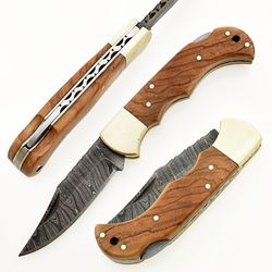 damascus steel pocket knife 6.5" olive wood handle with sharping rod & leather sheath