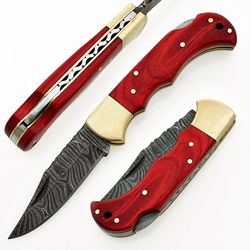 damascus steel pocket knife 6.5" pakka wood(red) handle with sharping rod & leather sheath