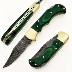 damascus steel pocket knife 6.5" pakka wood(green) with sharping rod & leather sheath