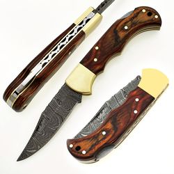 damascus steel pocket knife 6.5" pakka wood(brown) handle with sharping rod & leather sheath