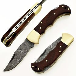 damascus steel pocket knife 6.5" natural wood handle with sharping rod & leather sheath