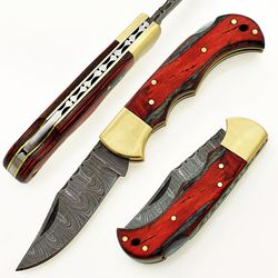 damascus steel pocket knife 6.5" pakka wood(red & black) handle with sharping rod & leather sheath